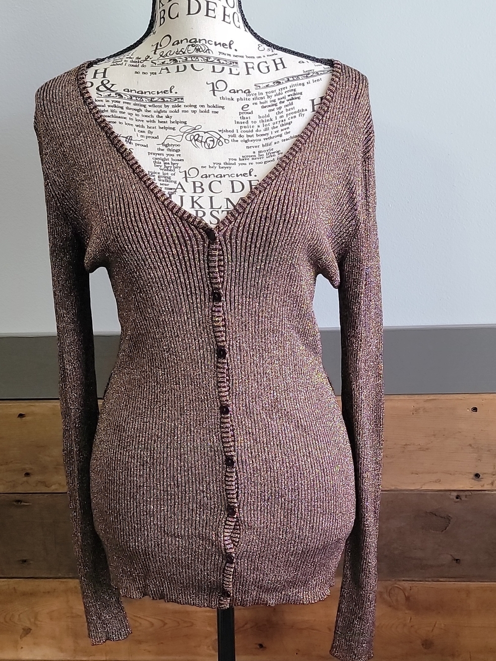 BCBGMaxAzria Metallic Gold And Brown Ribbed V-Neck Cardigan